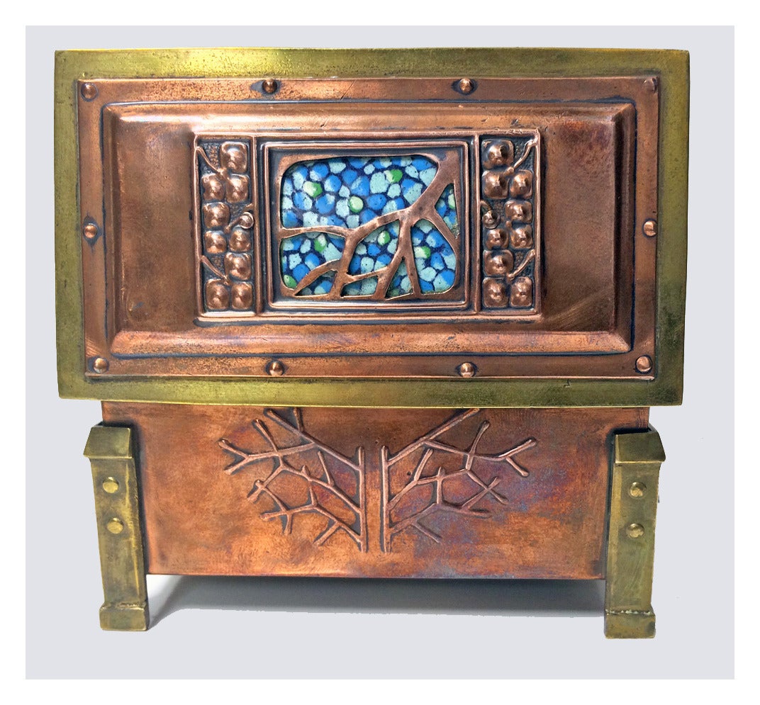 European Rare Size Arts and Crafts Enamel Copper and Brass Box, circa 1900