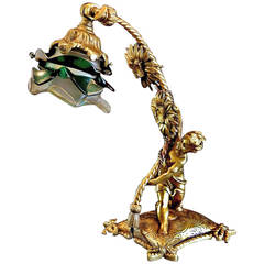 French Art Nouveau Bronze Table Lamp with Cherub Sculpture, circa 1930