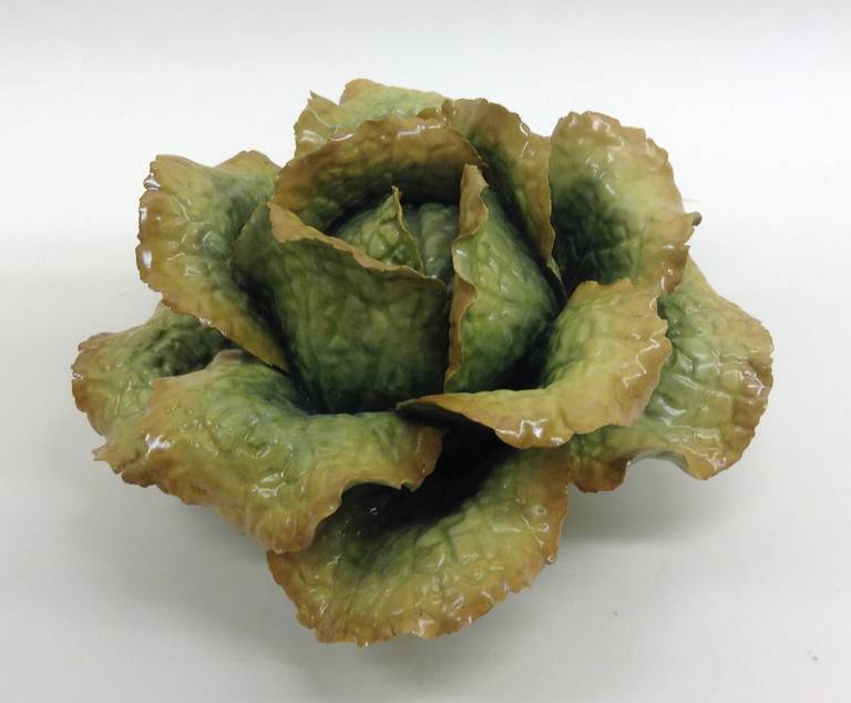 Small cabbage in fall yellow and green colors. This is a one of a kind handcrafted piece.  
Katherine Houston is a living artist working in an 18th century technique, adapting the techniques and masterful creations of the past with a 21st century