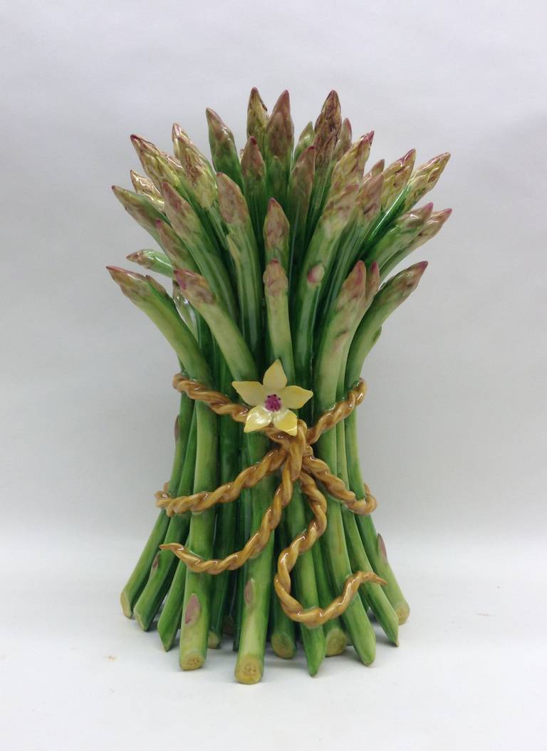 Large bunch of asparagus bound with twine. A centerpiece. This is a one of a kind handcrafted piece. 
 
Katherine Houston is a living artist working in an 18th century technique, adapting the techniques and masterful creations of the past with a