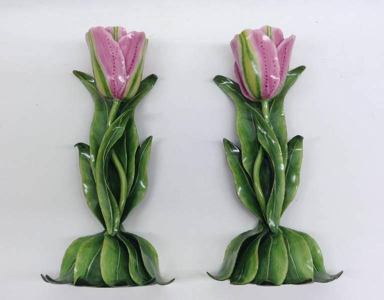 Mirrored pair of pink and green tulips perfect for mantelpieces and sideboards. This is a one of a kind handcrafted piece.
 
Katherine Houston is a living artist working in an 18th century technique, adapting the techniques and masterful creations