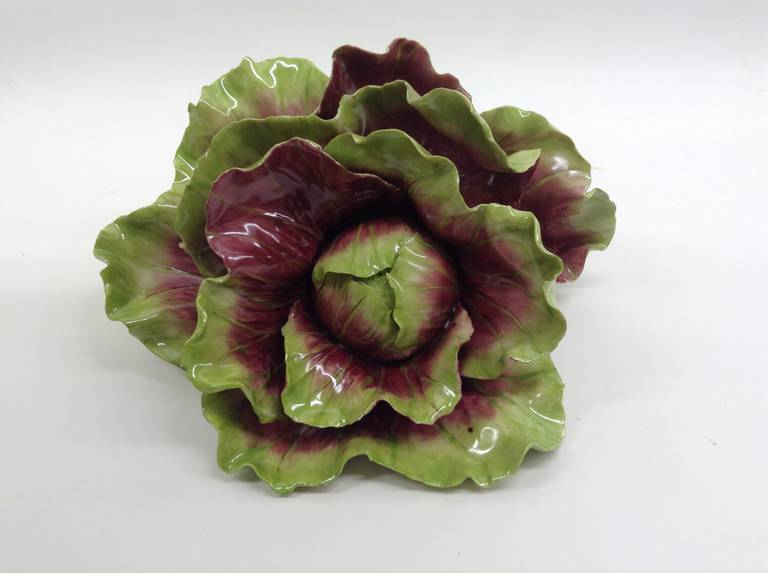fanning lettuce leaves tinged with red . This is a one of a kind handcrafted piece. 
Katherine Houston is a living artist working in an 18th century technique, adapting the techniques and masterful creations of the past with a 21st century approach
