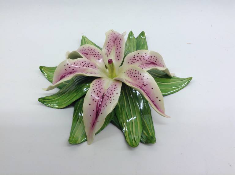 White lily with pink and rose colored dots and center stamens. This is a one of a kind handcrafted piece. 

Katherine Houston is a living artist working in an 18th century technique, adapting the techniques and masterful creations of the past with