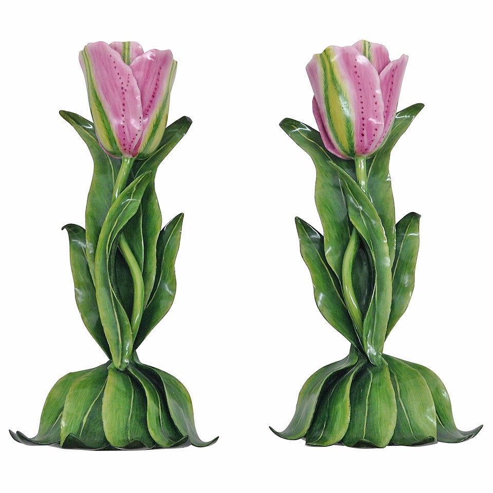 Standing Pair of Porcelain Tulips for Display For Sale