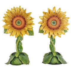 Paire de tournesols en porcelaine sur pied