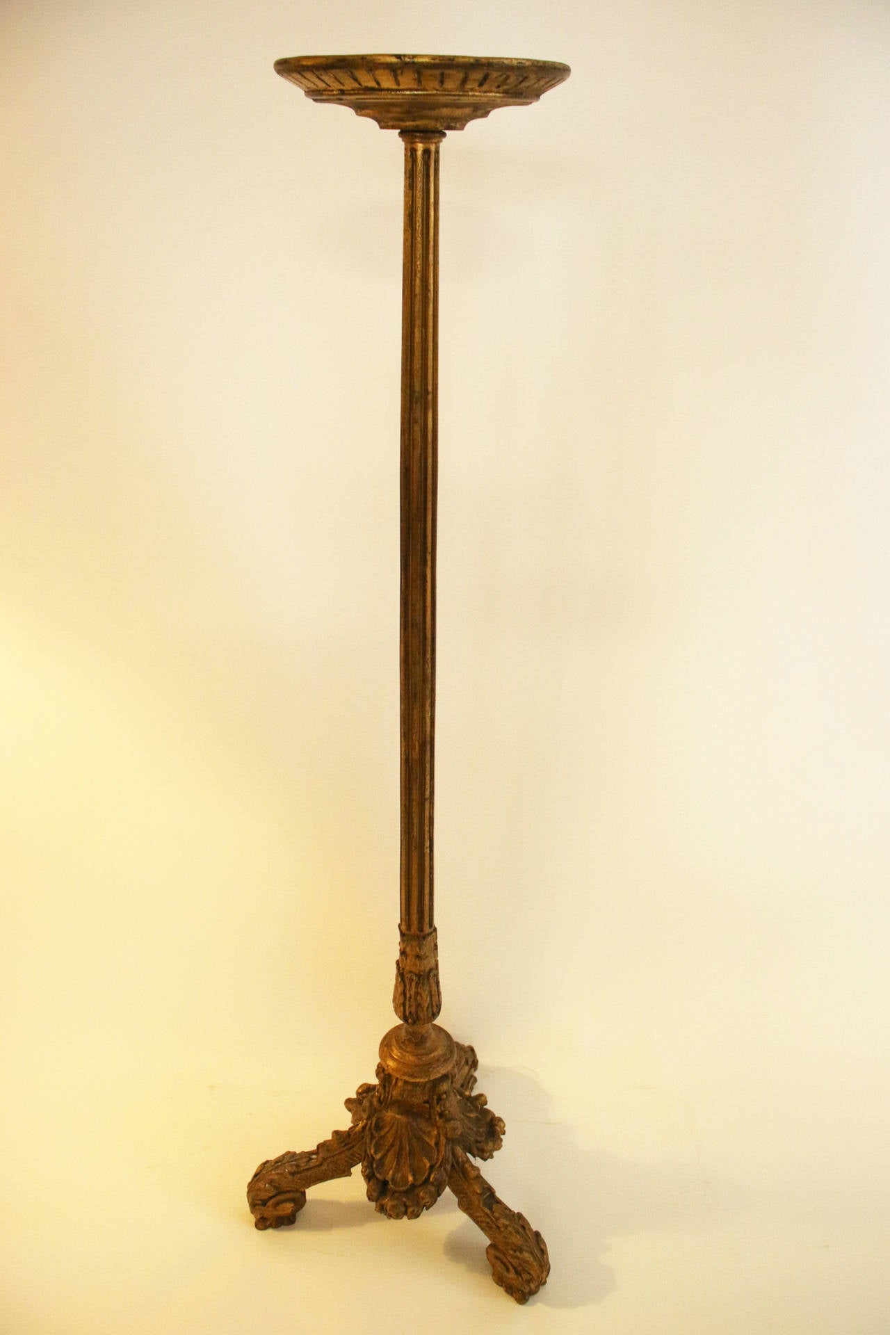 Handsome George III vergoldetem Sockel Kerzenständer mit einer kannelierten konischen Säule mit stark geschnitzten Basis einschließlich Akanthusblätter und Muscheln und eine runde hölzerne Schale oben messen 10,50 