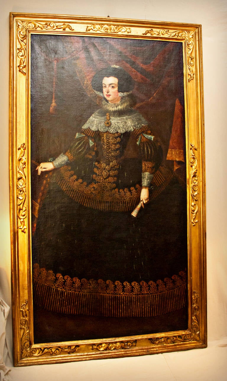Monumental, lifesize portrait of Isabella, wife of Philip the IV. Unsigned oil painting in the Baroque style of Velazquez who originally painted similar portraits of Isabella in the 17th century. This painting is a copy by an unknown artist. A