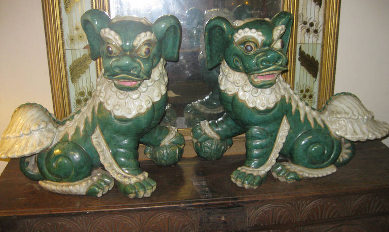 Late 19th Century Late 19th century Pair of Glazed Porcelain Foo Dogs For Sale