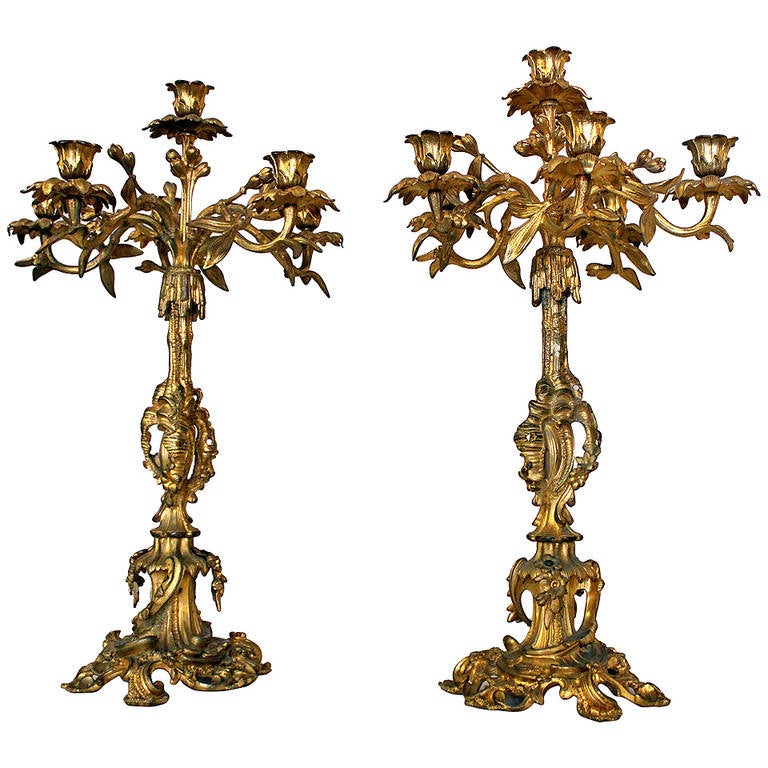 19th Century French Rococo Style Pair of Gold Gilt Candelabras For Sale