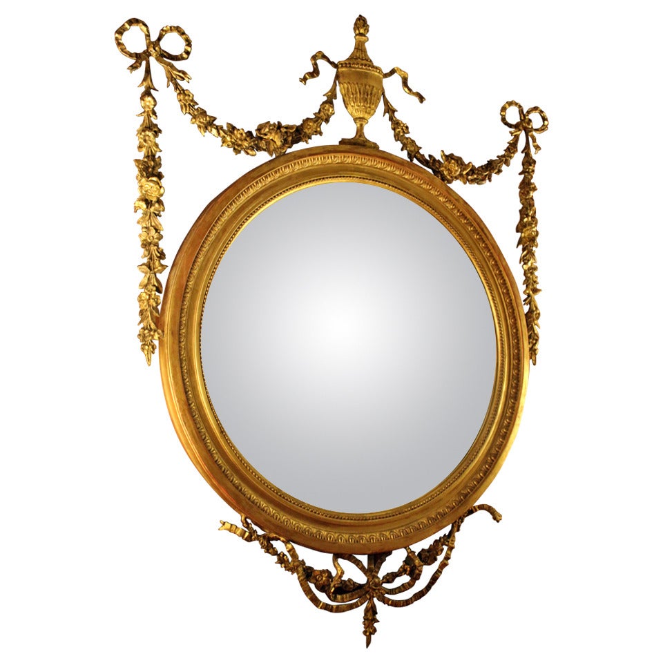 19th century Adam Style Giltwood Convex Mirror with Gessoed Swags 