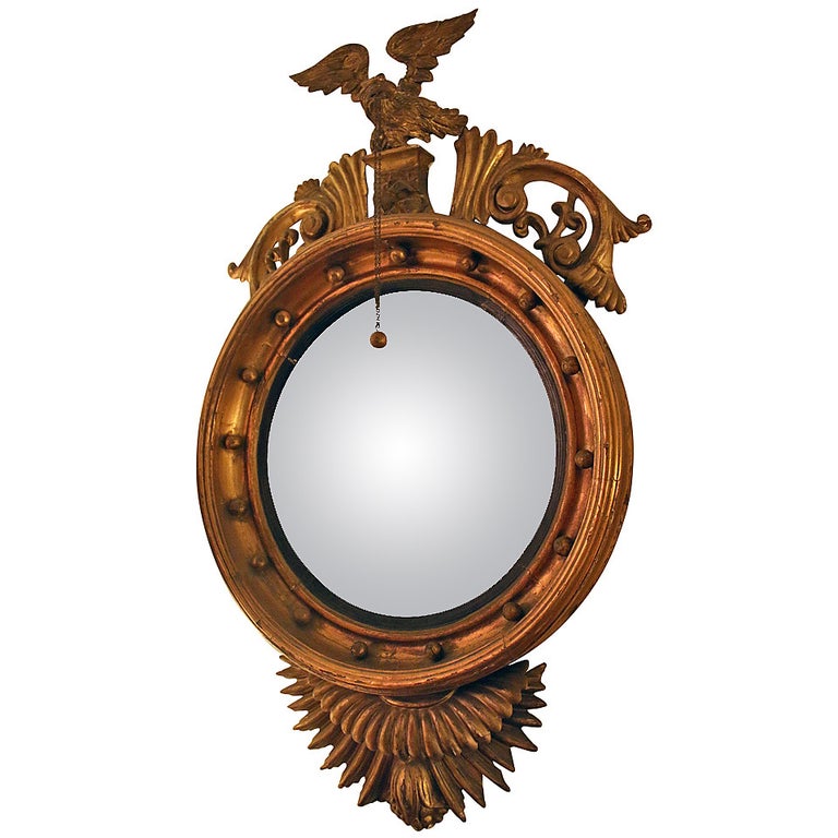 19th century American Bull's Eye Convex Giltwood Mirror with Eagle