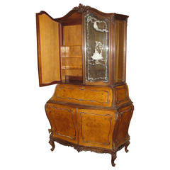 20th Century Burl Walnut Bombe Secretary Bookcase 1