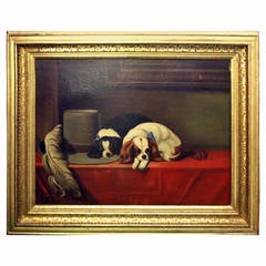 Antique King Charles Cavalier Spaniels Oil Painting