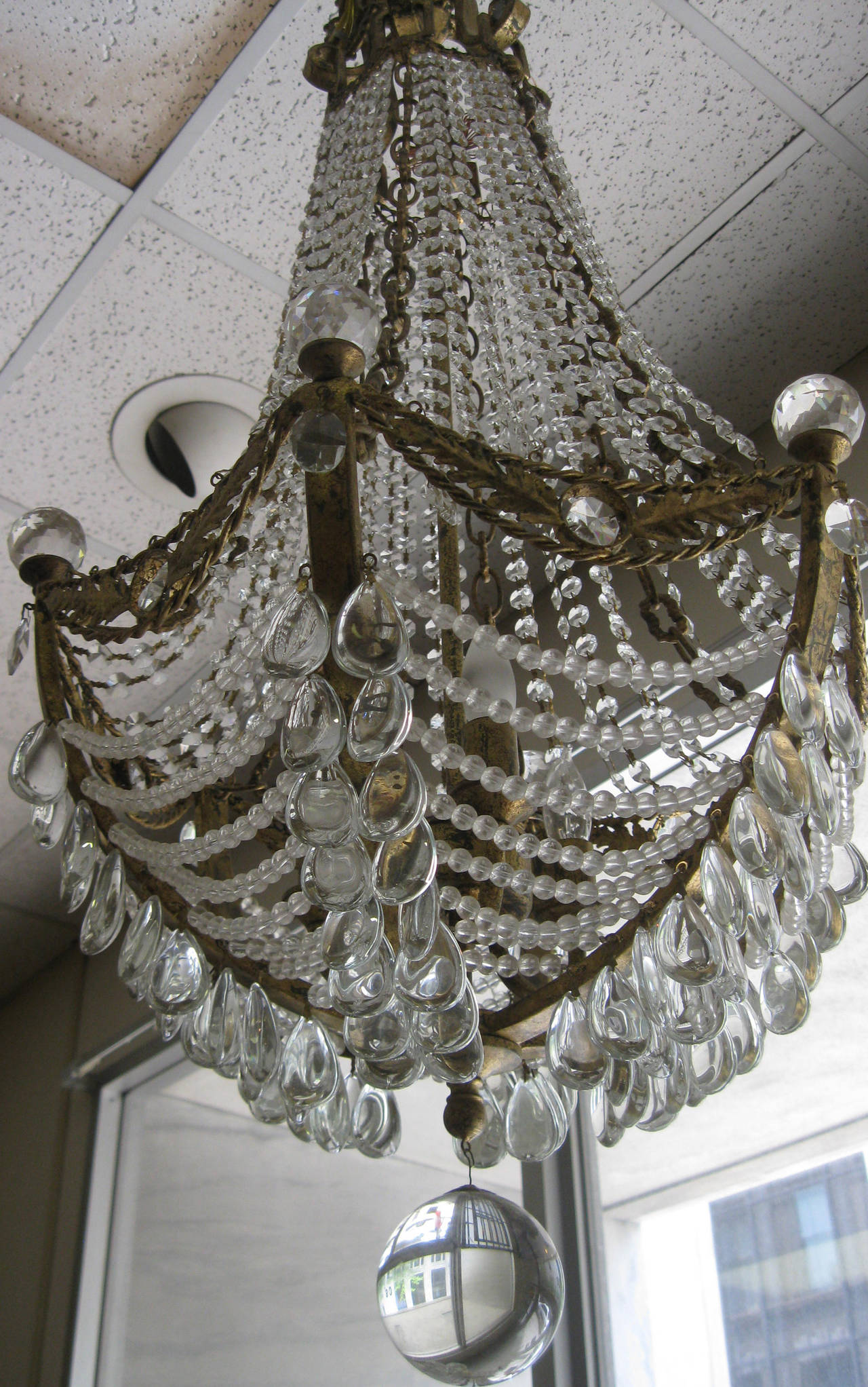 Gilt Waterfall Crystal and Doré Bronze Hollywood Regency Chandelier