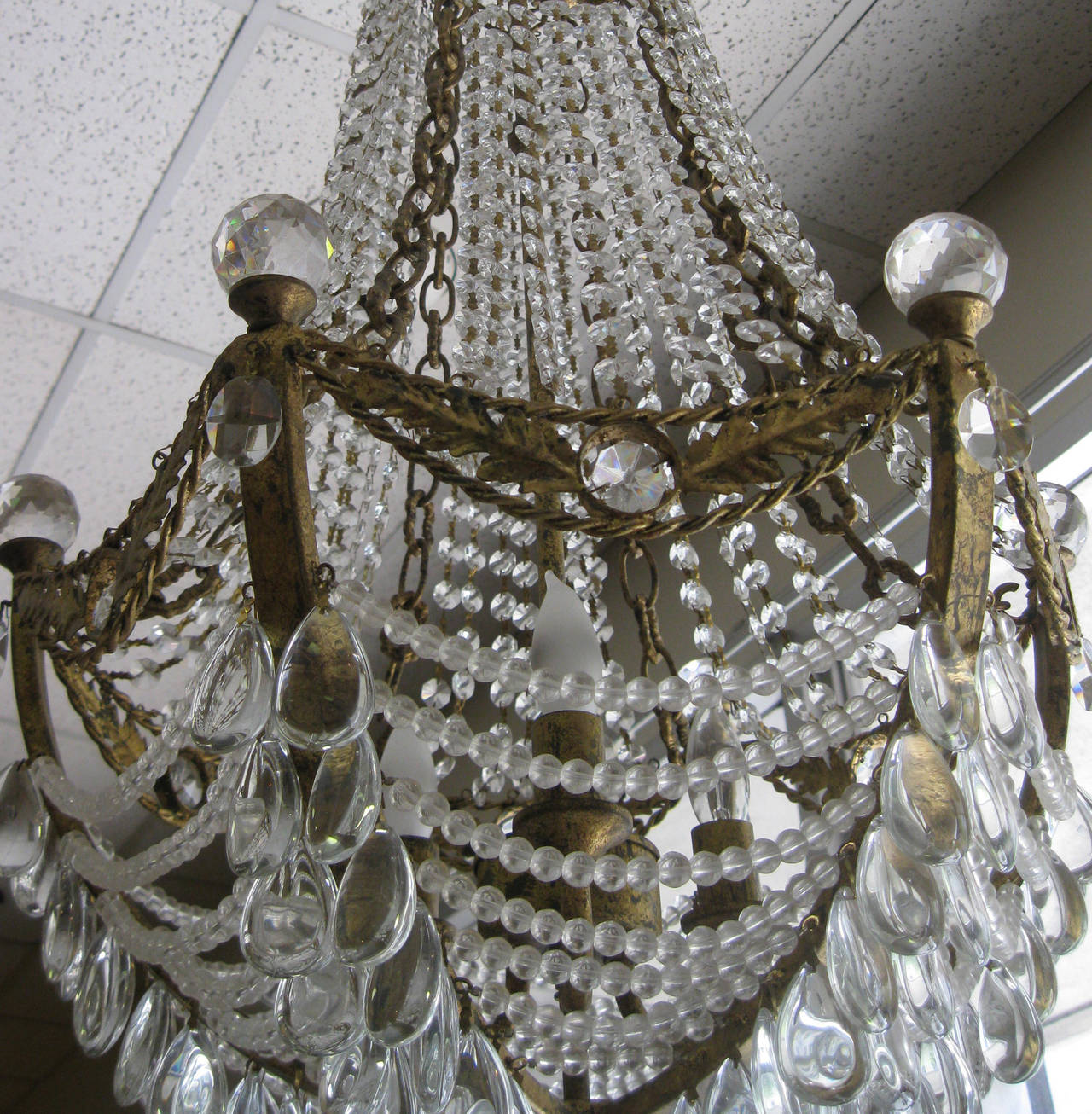 Waterfall Crystal and Doré Bronze Hollywood Regency Chandelier In Excellent Condition In Savannah, GA