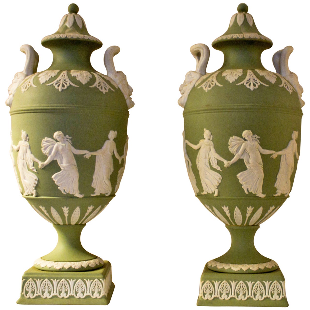 Green Jasperware Wedgwood Lidded Urns