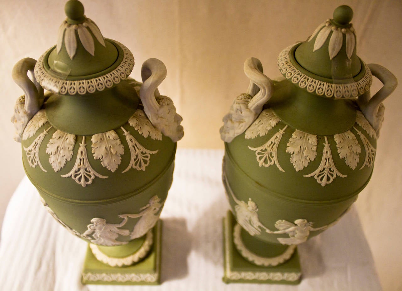 British Green Jasperware Wedgwood Lidded Urns