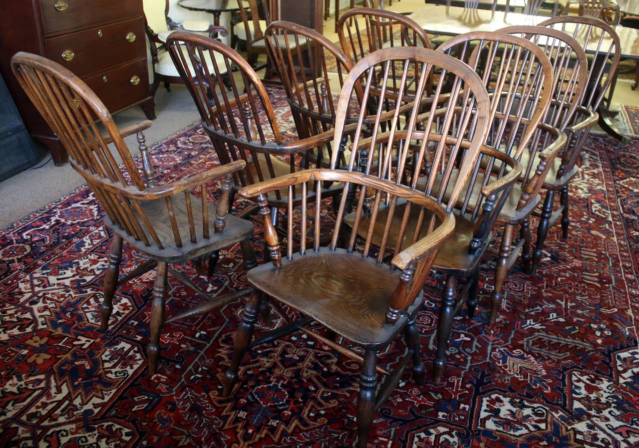 18th Century Set of Eight High Back Windsor Dining Chairs with Arms 3