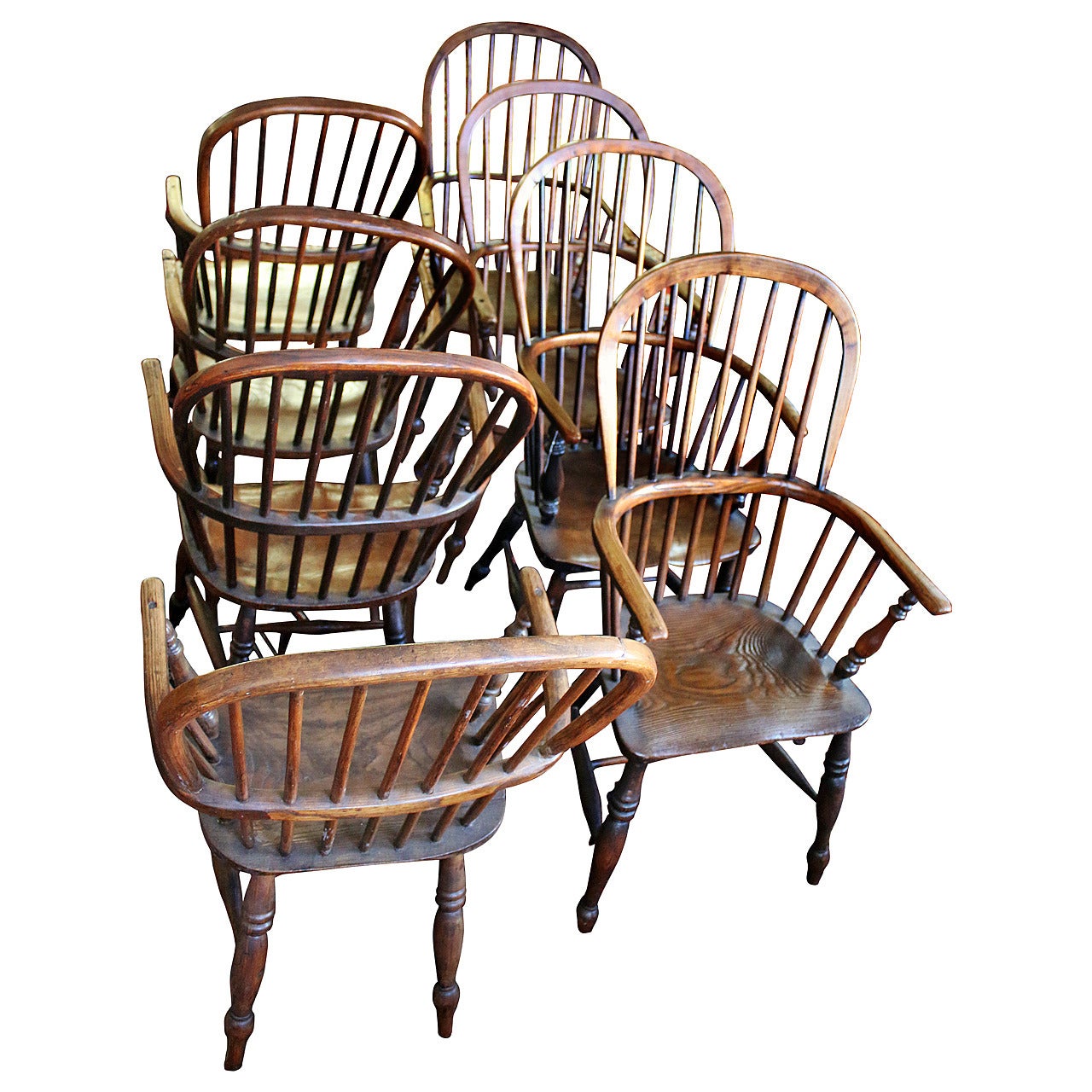 18th Century Set of Eight High Back Windsor Dining Chairs with Arms