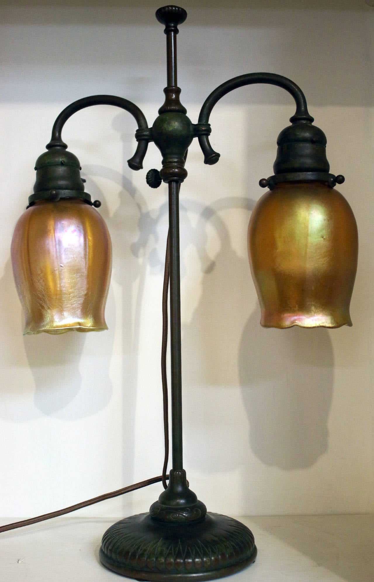 Tiffany Studios New York Signed Bronze Base and Globes Double Student Lamp  5