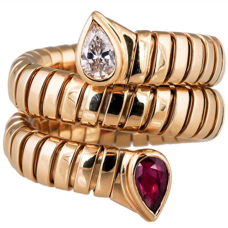 Bulgari Tubogas Ruby Diamond Gold Snake Ring