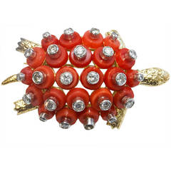 Rare French Coral Diamond Gold Turtle Brooch