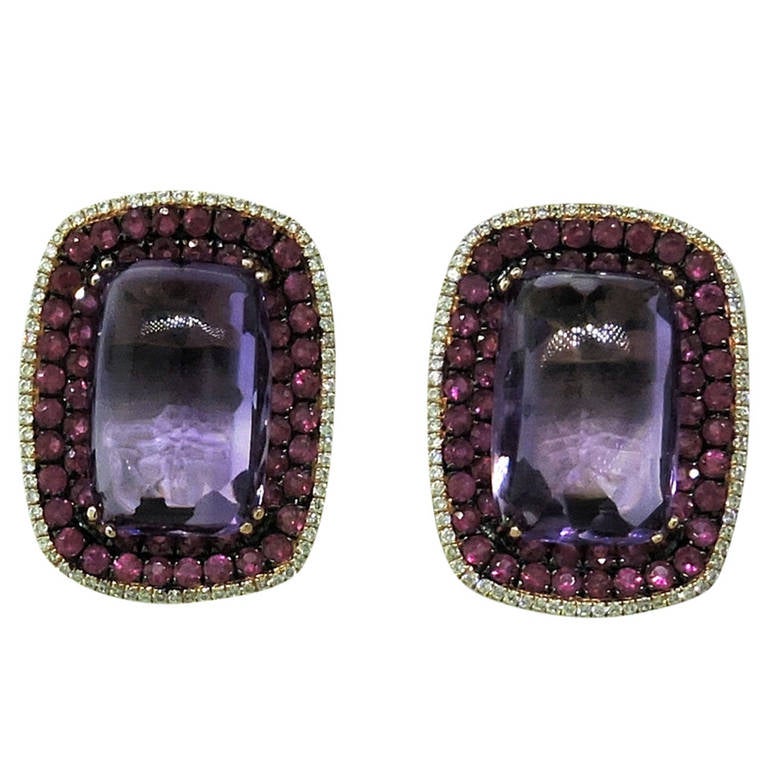 Modern Amethyst Ruby Diamond Gold Earrings