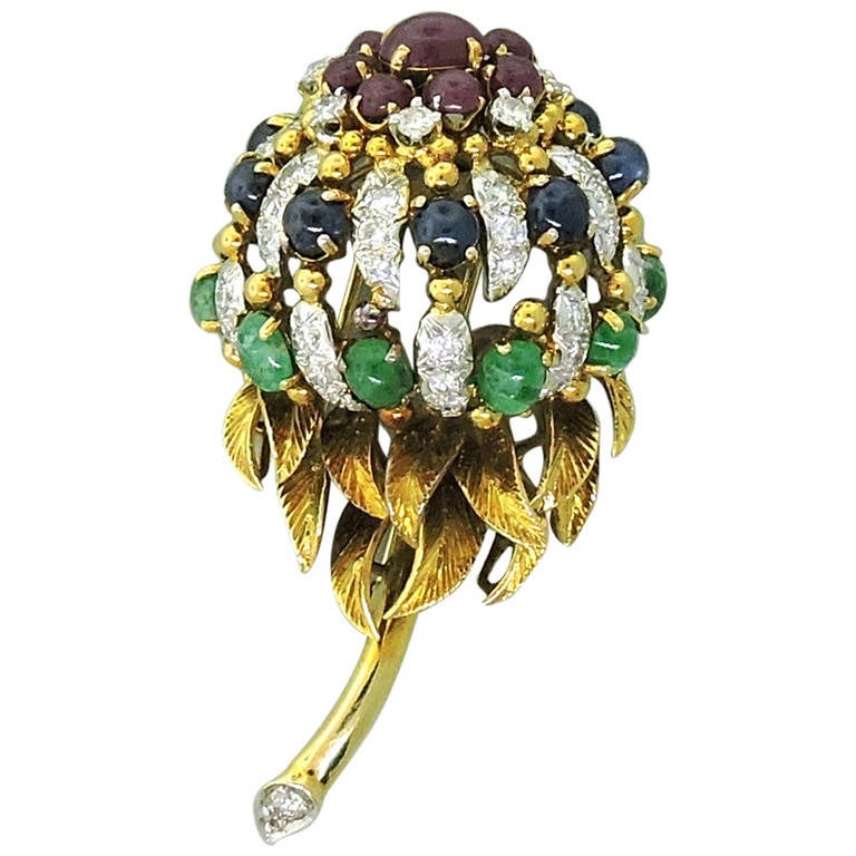 Multi Gemstone Diamond Gold Flower Clip Brooch