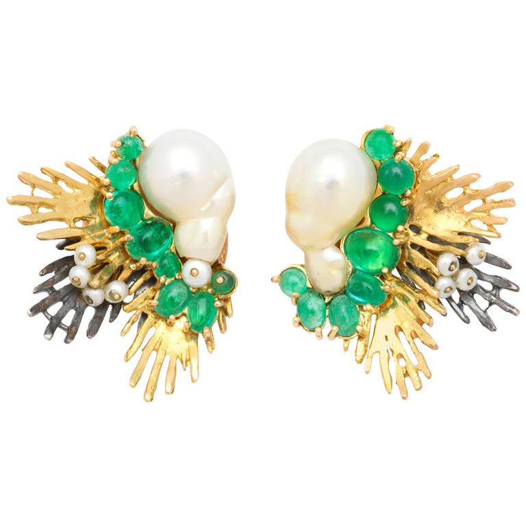 Marilyn Cooperman Baroque Pearl Emerald Silver Gold Spray Earclips