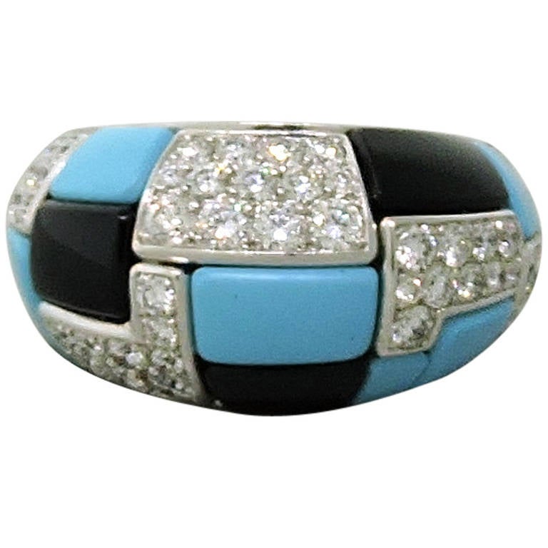 Georland France Turquoise Onyx Diamond Dome Ring