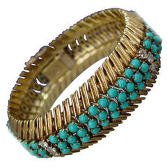 1960s Turquoise Diamond Gold Bracelet