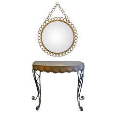 Italian 1950s Brass Console Table and Mirror