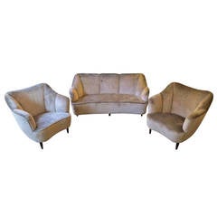 Italian 1950s Salon Suite with Curved Sofa and Armchair Set