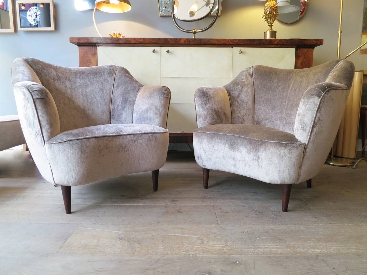 A salon suite of 1950s Italian sofa and armchairs. Re upholstered in a sable or champagne velvet, however in the same manner as the original fabric. The curved sofa on six turned conical supports. 

Measures: Sofa: 150cm W x 70cm H