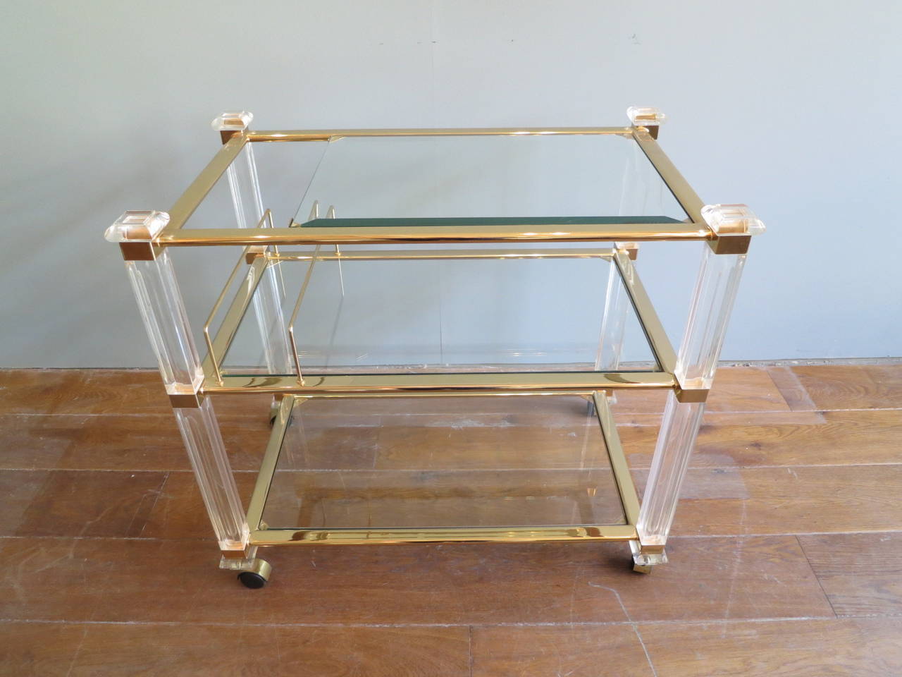 French Lucite and Brass Bar Cart or Drinks Trolley