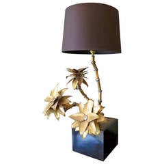 Large Brass Palm French Table Lamp 1