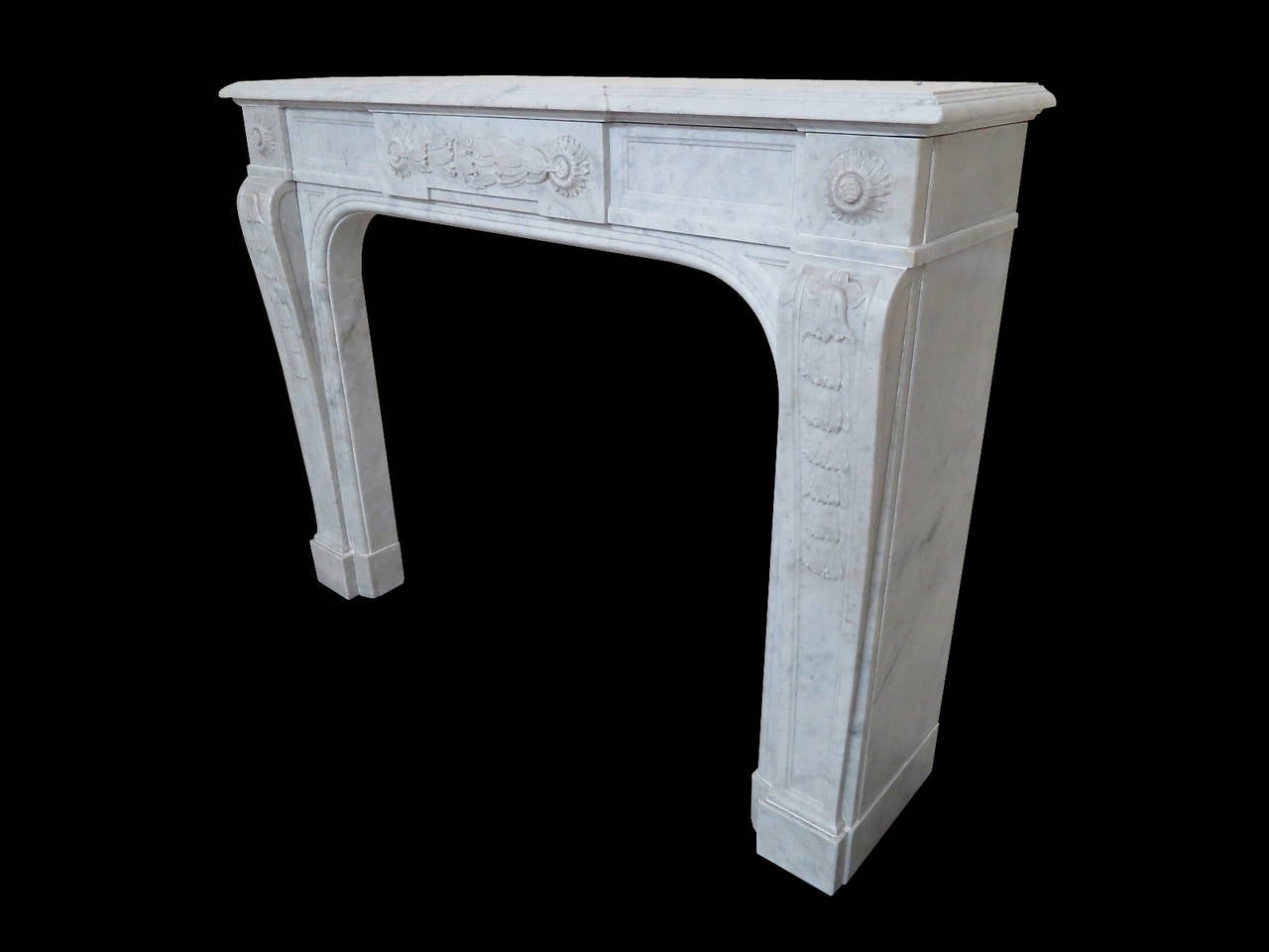 Molded Antique French Louis XVI Style Fireplace Mantel in Carrara Marble