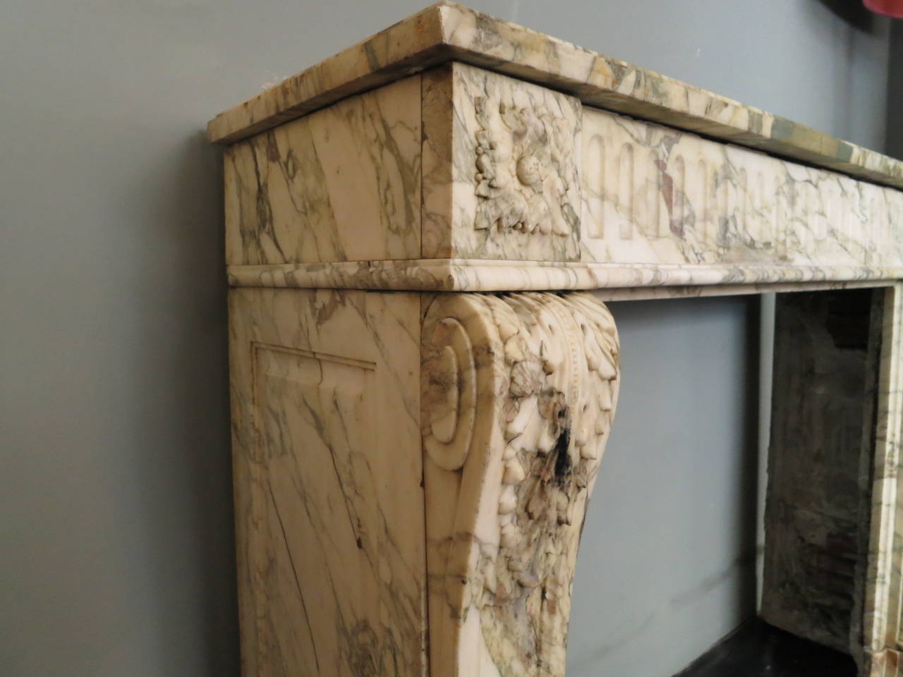 Carved French Louis XVI Style Fireplace Mantel in Breche Marble