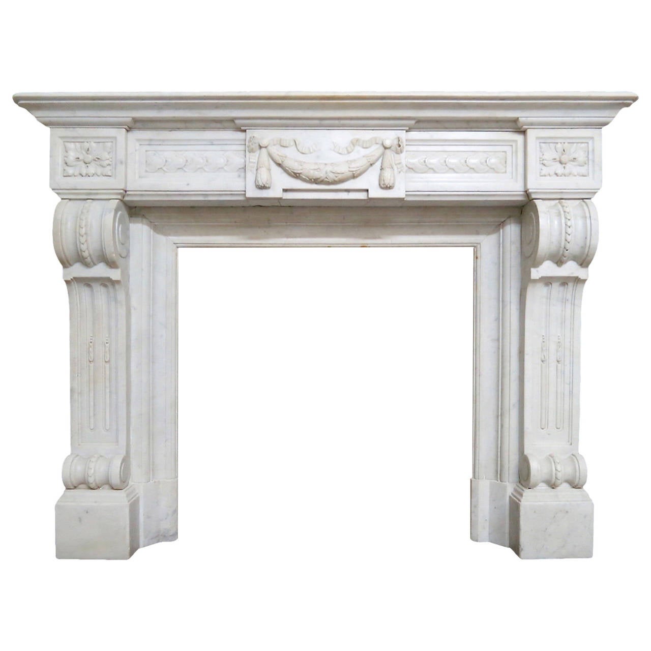 Antique French Louis XVI Style Fireplace Mantel in Carrara Marble For Sale