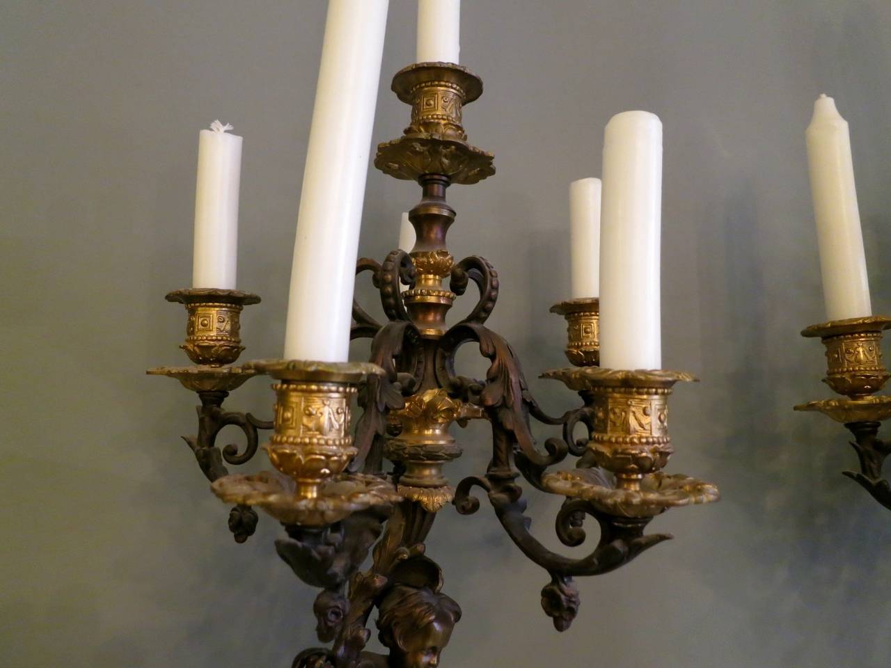 French 19th Century Patinated Bronze and Ormolu Candelabras 1