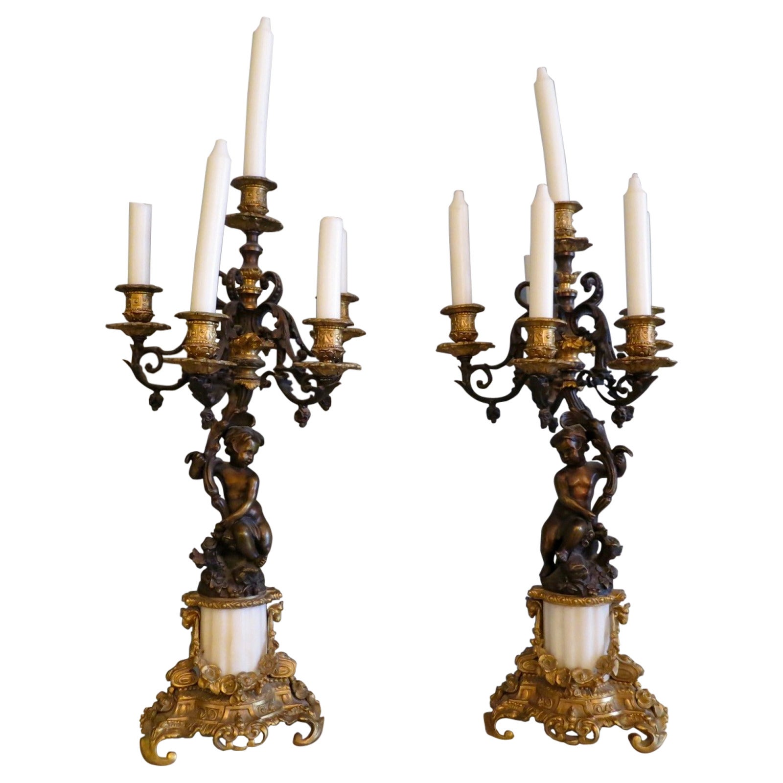 French 19th Century Patinated Bronze and Ormolu Candelabras