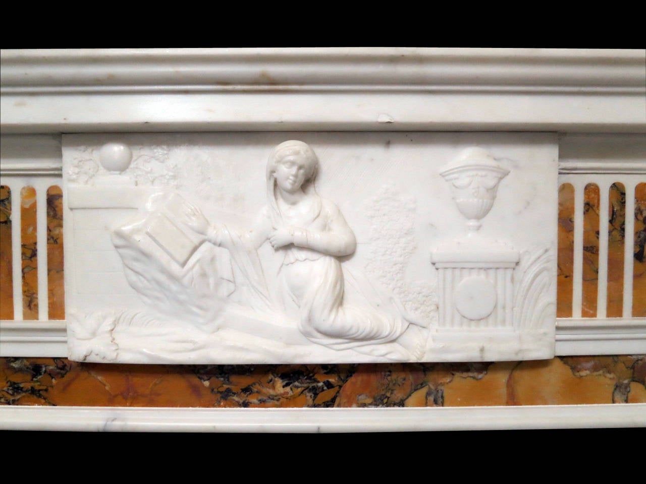 Carved 18th Century Statuary and Convent Sienna Marble Fireplace Mantel For Sale