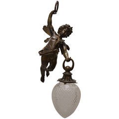 Historistic ciling lamp with an bronze angel figure