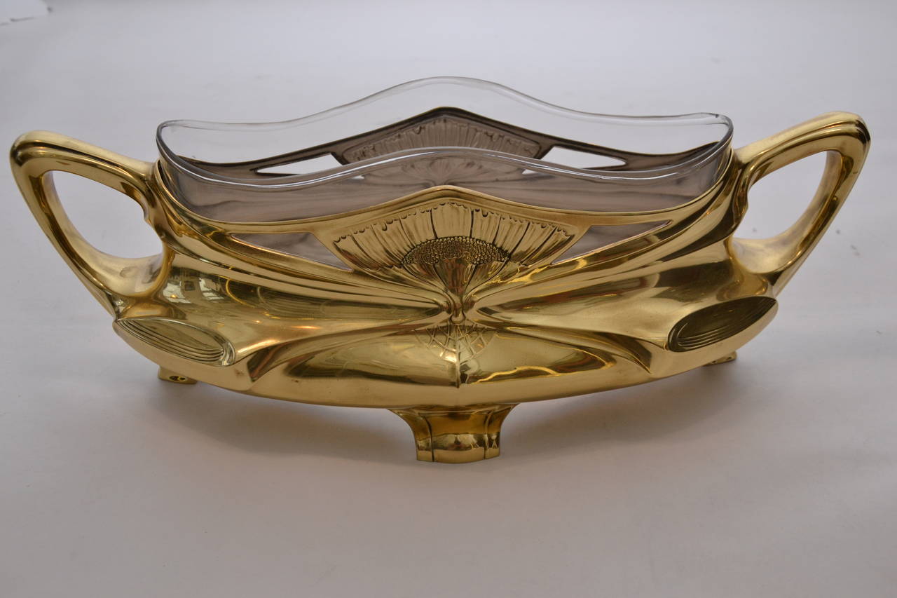 Art Nouveau Flower Dish Jardinière with Original Glass 
brass polished and stove enamelled