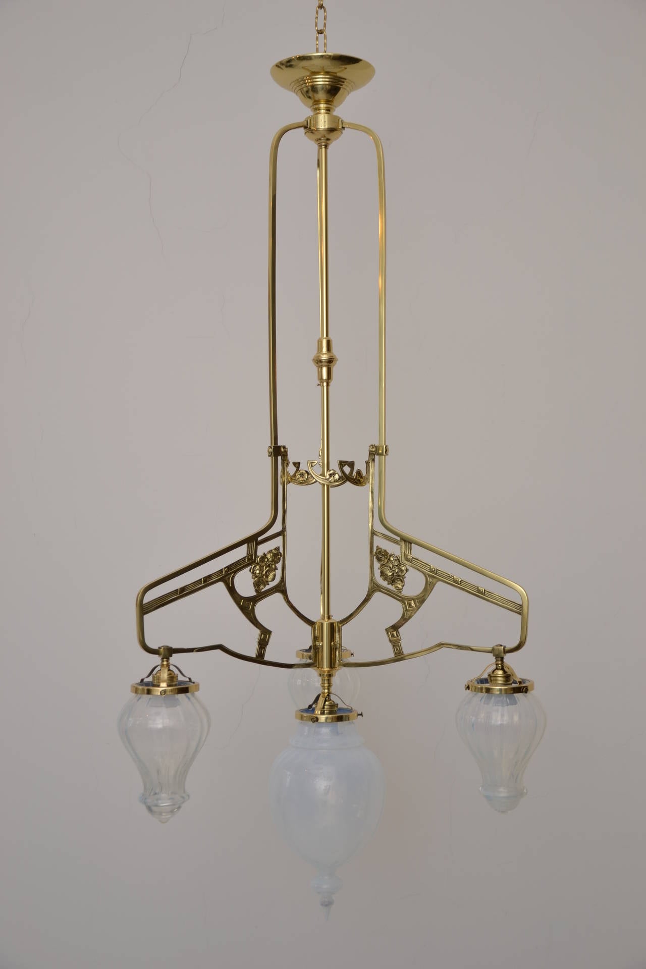 Art Nouveau Flower ceiling Lamp with 4 original opaline glass shades 
Polished and stove enamelled