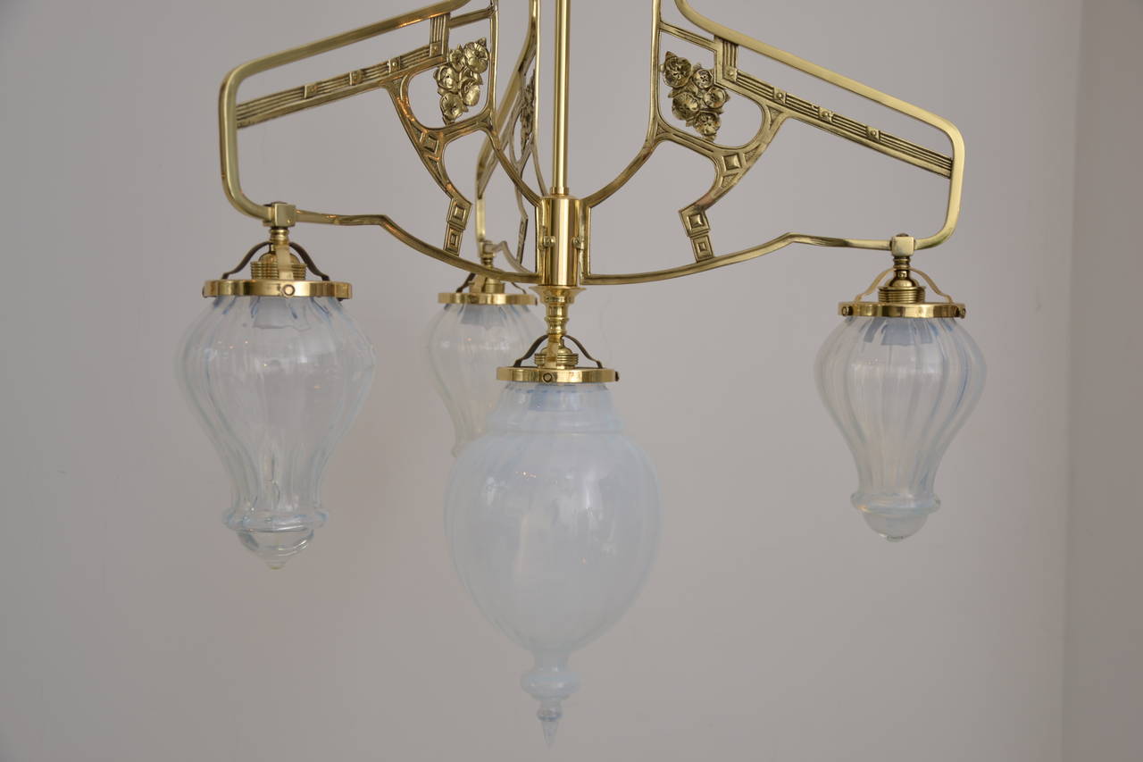 Austrian Art Nouveau Flower ceiling Lamp with 4 original opaline glass shades