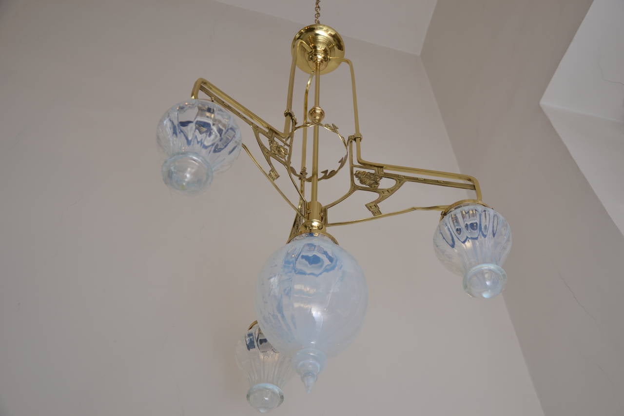 Brass Art Nouveau Flower ceiling Lamp with 4 original opaline glass shades