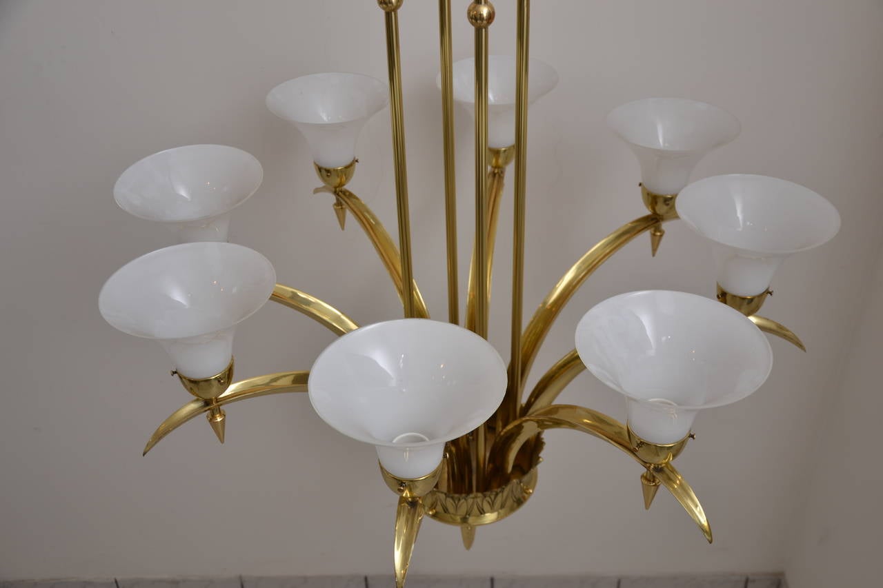 Brass Very Big Massive Chandelier with White Glass Shades