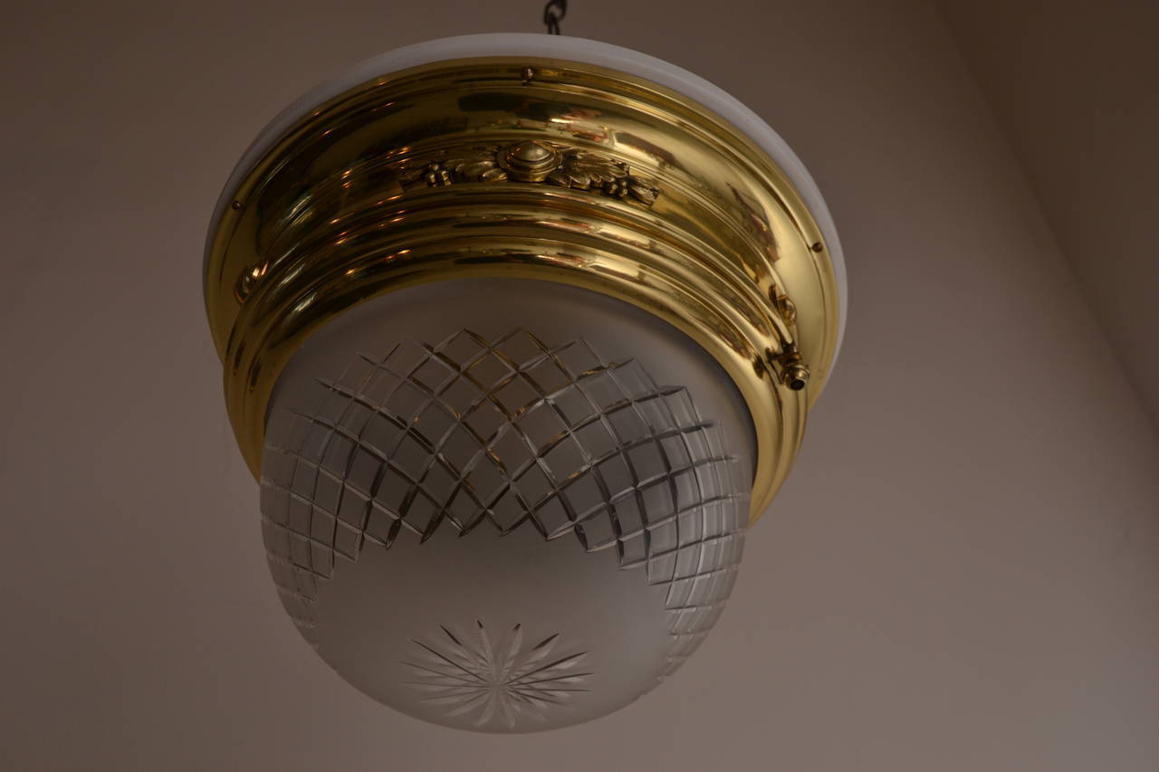Art Nouveau Ceiling lamp with white wood plate and cut glass around 1902
