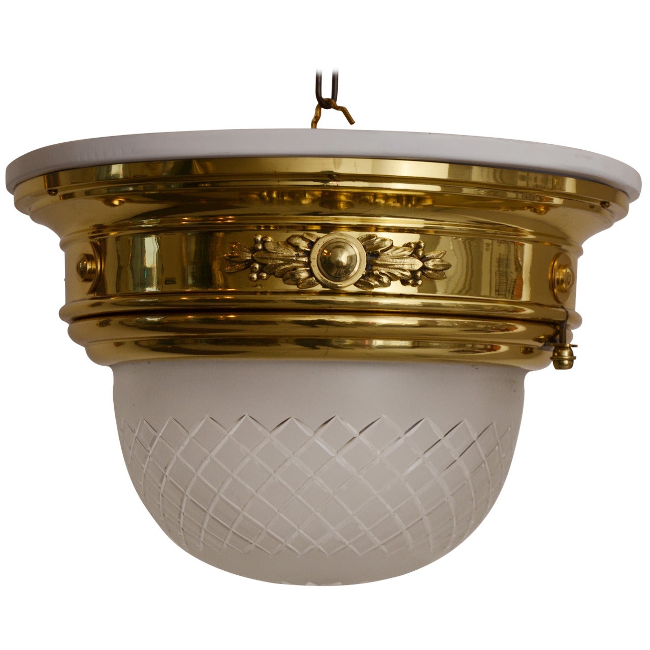 Ceiling lamp with white wood plate and cut glass around 1902